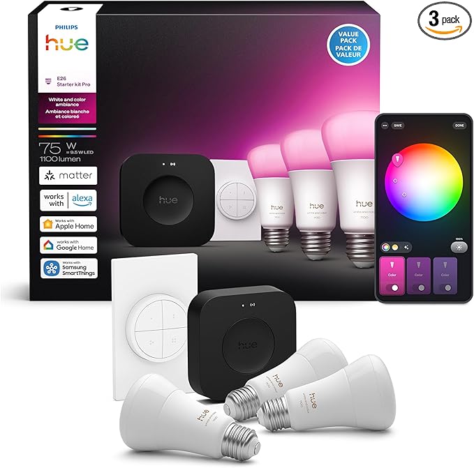 Philips Hue Starter Kit: Bridge Pro + 3 A19 E26 Smart Bulbs + Tap Dial Switch, White and Color Ambiance, Smart Light Hub, Works with Voice