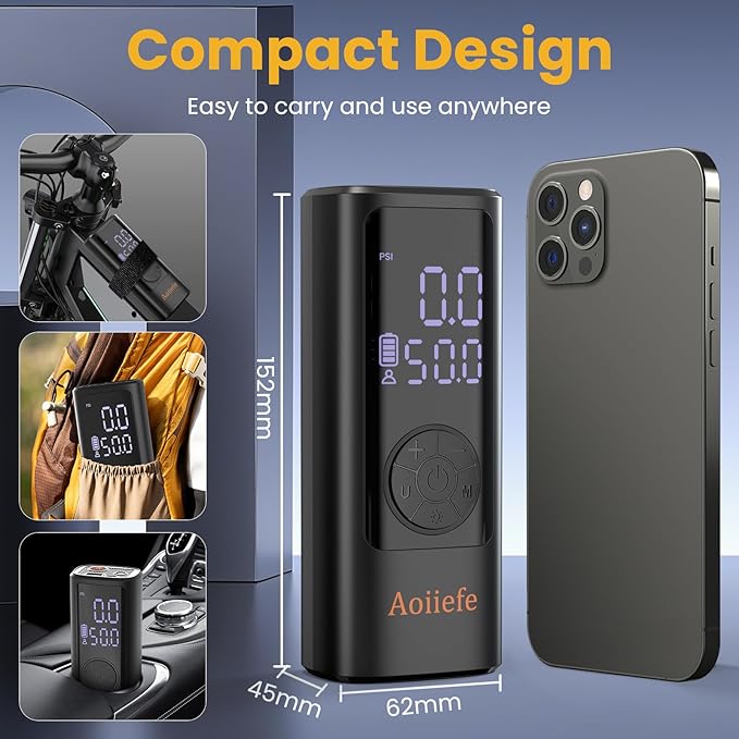 Tire Inflator Portable Air Compressor,150 PSI Mini Rechargeable Cordless Electric Air Pump with Auto-off for Car Tires,Motorcycle, Bicycle, Balls with Digital Pressure Gauge,LED Light