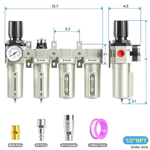 TAILONZ PNEUMATIC 0-240PSI 1/2 Inch NPT Industrial Grade 4 Stage Air Drying System, Particulate Filter, Coalescing Filter, Double Desiccant Dryer and Air Regulator (Manual Drainage)