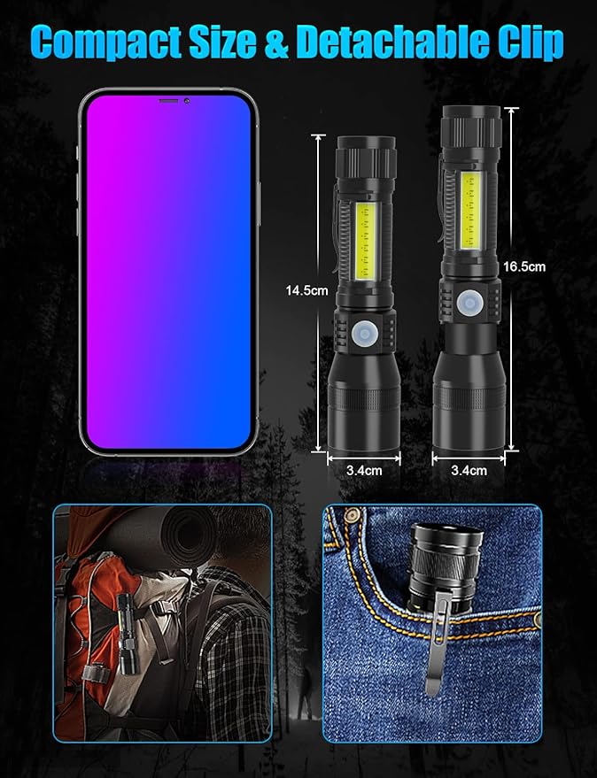 UV Rechargeable Flashlights Tactical,1000 High Lumens 3 in 1 LED Black Light Flashlight -Magnetic Base/Sidelight/Zoomable, Bright Pocket Flash Light for Stains Detection Camping Emergency,2PCS