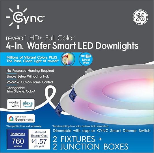 Cync GE Reveal HD+ Wafer Smart LED Downlight Fixture, Full Color Changing Lights, WiFi and Bluetooth LED Lights, 760 Lumens, Works with Google Home and Amazon Alexa, 4 Inches (2 Pack)