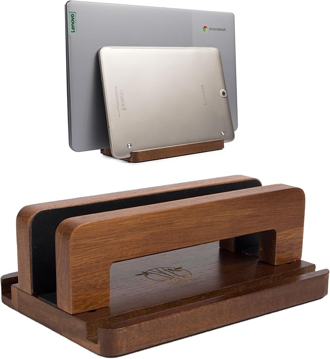 S&A WOODCRAFT 3 Slots Acacia Wood Vertical Laptop Stand, Adjustable Wooden Laptop Holder, Non-Slip Laptop Dock Compatible with Apple MacBook, Microsoft Surface, Gaming Laptops, IPad, Tablets