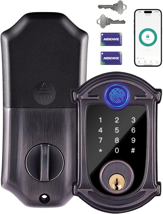 Keyless-Entry Deadbolt Smart Lock Waterproof IP56 Digital Exterior Locks for Front Door,Smartphone Control Fingerprint Door Lock with Keypad and Key Fob,Venetian Bronze - UF02-VB GreenShield