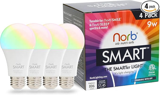 Norb SMART Light Bulb, Tunable Wellness LED, Full Spectrum White & Color Changing, Alexa & Google Home Compatible, No Hub Required, Dimmable, A19, 9W Bulb for Home Automation, WiFi, Bluetooth (4-Pack)