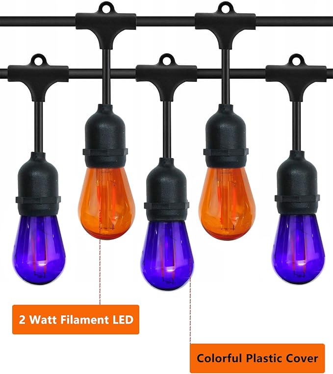 Purple Light Bulb and Orange Light Bulb, 24 Pack S14 LED Bulbs, Shatterproof 2 Watt Replacement Bulbs for Outdoor String Light, Decorative E26 Base Filament Halloween Light, 120V
