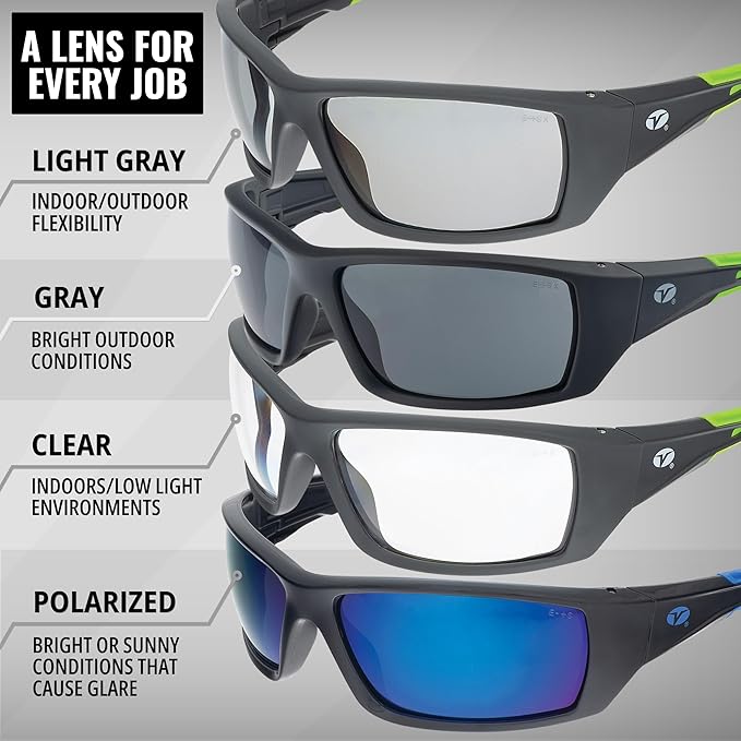 Veratti Spectrum Safety Glasses, Polarized Blue Mirror Lens, ANSI Z87.1 Certified, Anti-Fog, Black/Blue Frame