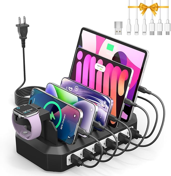 [2025 Upgraded] 6 IN 1 Fast Charging Station for Multiple Device【Durable & Safe Charging】6 Ports Charging Dock Organizer with 6 Cables & 2 Stands for Cellphone/Tablet/Kindle/iWatch & Other Electronic