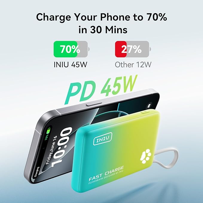 INIU PawGo Portable Charger, 45W PD 10000mAh Fast Charging Slim Power Bank, Built-in USB C Cable Battery Pack, Travel Essentials Powerbank for iPhone 16/15 Pro Max, Samsung S25/S24 etc, Tropic Punch
