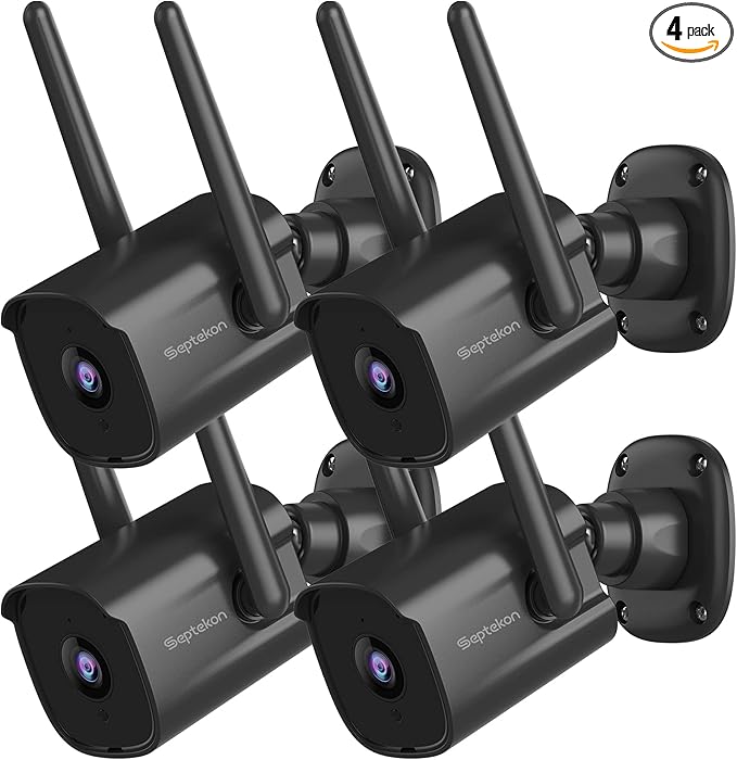 Septekon 2K Home Security Cameras 4 Pack, 2.4G Wired WiFi Security Camera Outdoor with Night Vision, Two-Way Audio, IP66, Motion Detection Alarm, Dual Antenna, Black
