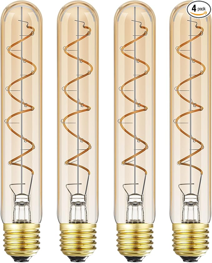 Dimmable T10 LED Bulbs, Warm White 2200K Amber, 7.3inch Long Tubular Light Bulb, 40 Watt Vintage Edison LED Filament Bulb,400lm,E26 Base Led Tube Bulb,Amber Glass,Pack of 4