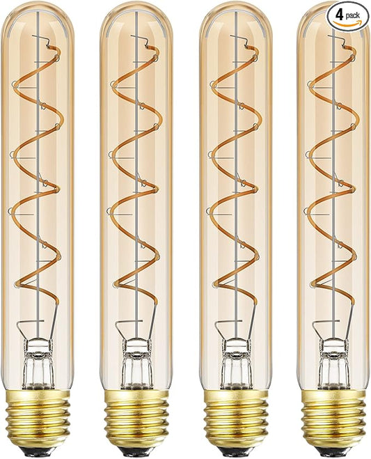 Dimmable T10 LED Bulbs, Warm White 2200K Amber, 7.3inch Long Tubular Light Bulb, 40 Watt Vintage Edison LED Filament Bulb,400lm,E26 Base Led Tube Bulb,Amber Glass,Pack of 4