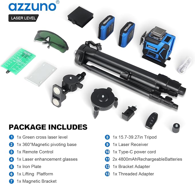 Laser Level with Tripod, AZZUNO 4x360 Laser Level 360 Self Leveling for Picture Hanging, Rotating Laser Covers Green Line Laser with 2x4800mAh Li-ion Battery, Ideal for Outdoor, Construction, Tile