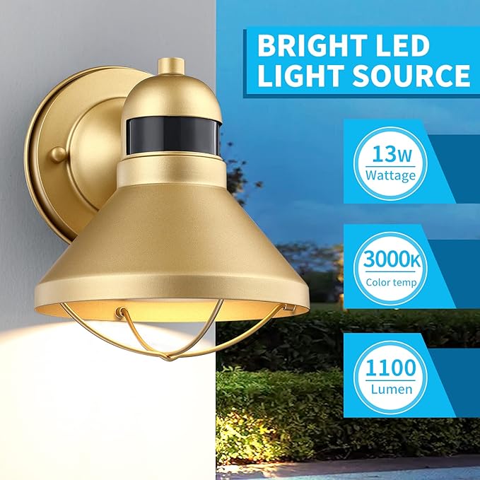 LONEDRUID Motion Sensor LED Outdoor Barn Light Fixtures Dusk to Dawn Exterior Porch Lantern Gold Outside Wall Sconce Lighting Rustic Farmhouse Wall Mount Lamp for House Garage Patio Entryway