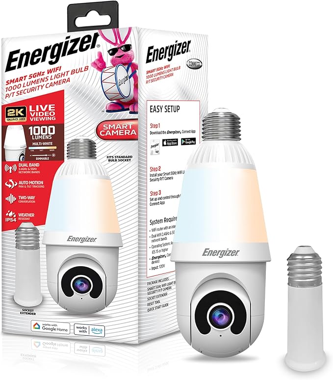 Energizer Smart 2K Light Bulb Security Camera, 1000 Lumens LED Light, 5GHz & 2.4GHz Wi-Fi Outdoor Socket Camera, Auto Tracking, Pan and Tilt, Night Vision, 2-Way Audio, Works with Google Home & Alexa