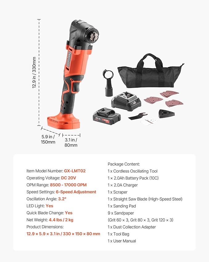 VEVOR Cordless Oscillating Tool, 20V Oscillating Multi Tool Kit with 6 Variable Speeds 8500-17000 OPM, 3.2° Oscillation Angle, 2.0Ah Battery Pack & Charger, 12PCS Saw Accessories & LED Work Light