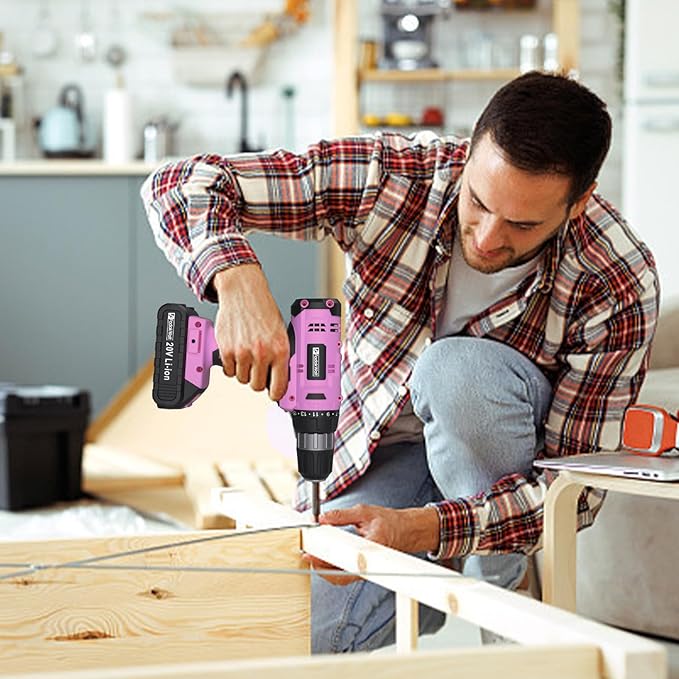 Cordless Drill Set, 20V Electric Power Drill With Battery And Charger, 30N Torque, 21+1 Settings, 3/8-Inch Keyless Chuck, Driver Bits Kit, LED Light (Pink)