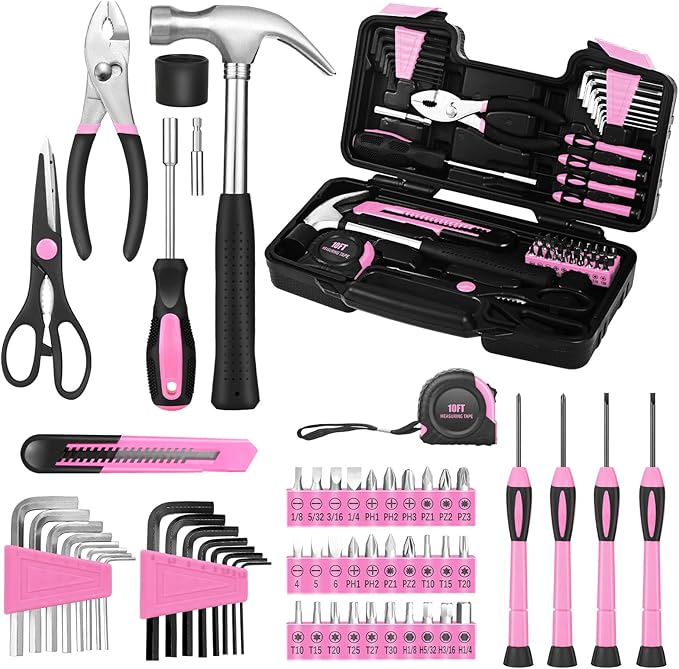 58-Piece Pink Tool Kit Basic Home Repair Tool Set, General Household Hand Tool Kit,Small Tool Kit with Plastic Toolbox Mini Tool kit for Women, Office & College Repairs
