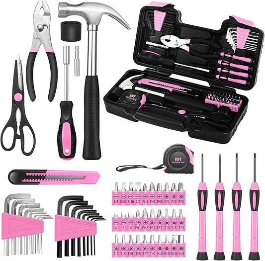 58-Piece Pink Tool Kit Basic Home Repair Tool Set, General Household Hand Tool Kit,Small Tool Kit with Plastic Toolbox Mini Tool kit for Women, Office & College Repairs