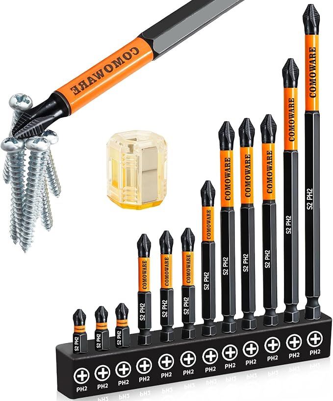 COMOWARE 12pcs Phillips Head Drill Bits #2, S2 Steel 1/4" Hex Bit Set, Anti Slip Screwdriver Bits, 1-6" Length, CNC Tip Magnetic Drill Bit, Impact Hex Bitss Sets For Electronic Devices Disassembly
