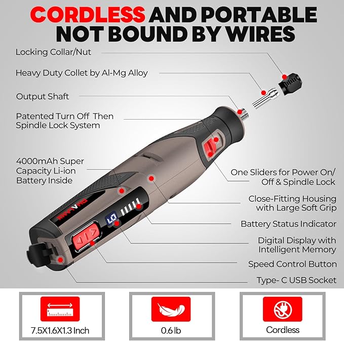 Rotary Tool Kit - 4V Power Rotary Tools, PHALANX Rotary Tool 80PCS Accessories 4000mAh Li-Ion Battery, 9 Speed Adjustment Multi-Purpose Engraver Tool for Wood Cutting Sanding Light-Duty DIY Crafting