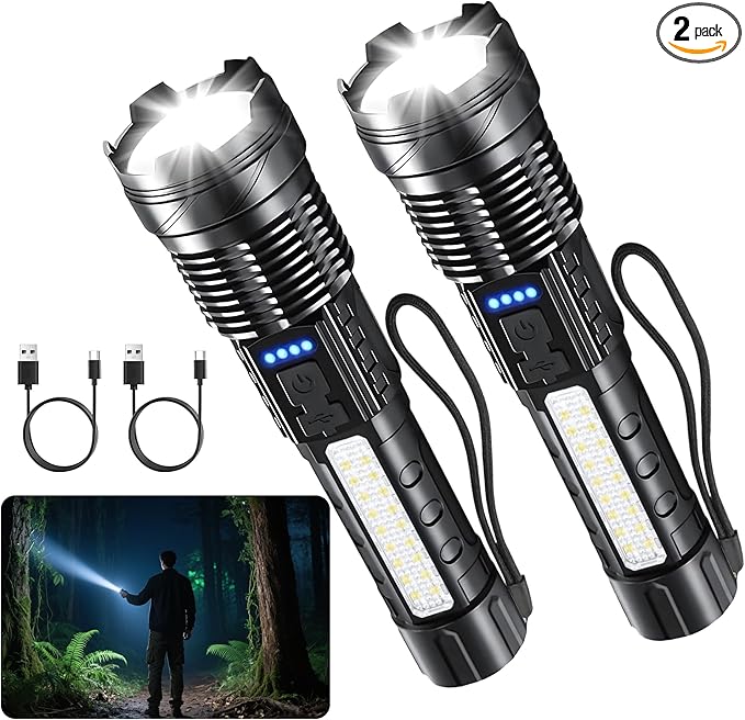 Rechargeable LED Flashlight High Lumens, High Lumens Super Bright Handheld Flashlight with 7 Modes, Zoomable, Waterproof, USB-C Charging, Tactical Flashlight for Home, Emergency, Camping, 2 Pack