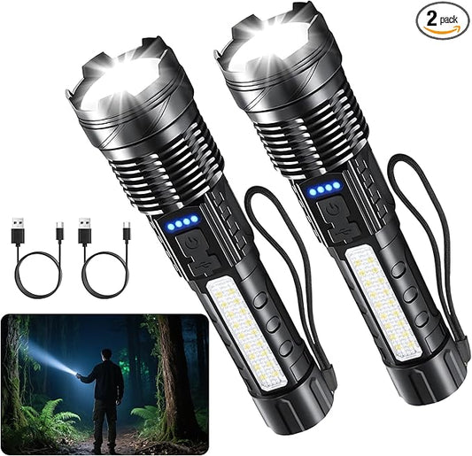 Rechargeable LED Flashlight High Lumens, High Lumens Super Bright Handheld Flashlight with 7 Modes, Zoomable, Waterproof, USB-C Charging, Tactical Flashlight for Home, Emergency, Camping, 2 Pack