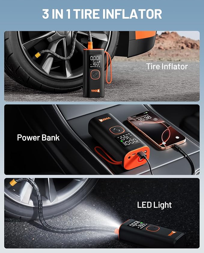 Portable Tire Inflator For Car - 5X Faster 160 PSI, DC 12V Air Pump For Car Tires, Portable Air Compressor With Large Dual Digital Screen, Tire Air Pump For with Light Truck, Motorcycle, Bike