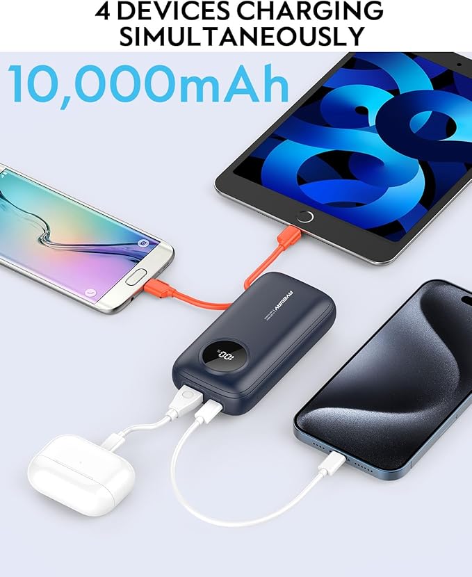 Ayeway Lightweight USB C Battery Pack with Built in Cables,10,000mah Portable Charger High Speed Charging Power Bank with 4 outputs,External Battery Phone Charger for iPhone,Samsung,5V Heated Vest