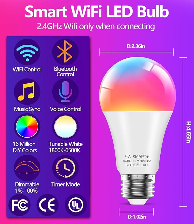 luckystyle Smart Light Bulbs, 9W A19 E26 800LM WiFi Bluetooth LED Bulbs Compatible with Alexa, Google Assistant & Home, 16 Million Colors Music Sync Color Changing Dimmable RGBWW Lights Bulb (6)