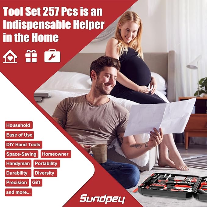 Sundpey Home Tool Kit 257-PCs - Household Basic Repair Tool Set for Men Women - General Hand Mechanic's Tool Set & Screwdriver Set & Wrench Set & Socket & Portable Tool Box Storage Case for Apartment