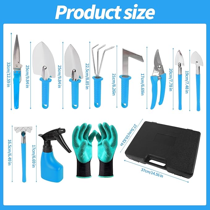 Gardening Tool Set, 11 Pieces Gardening Tools with Carrying Case, Garden Tool Kit for Digging Planting Pruning, Unique Gardening Set with Gloves for Women and Men (Blue)