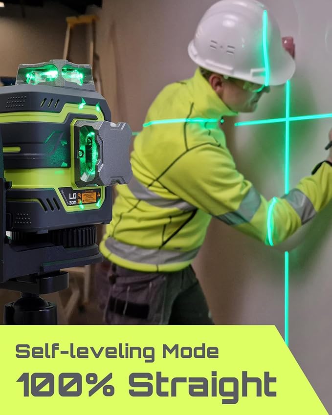 LG-3DM Green Beam Laser Level, Self-Leveling 3x360° Cross Line Laser for Construction and Picture Hanging, 5200mAh Built-in Rechargeable Battery, Type-C Cable, Magnetic Rotating Stand Included