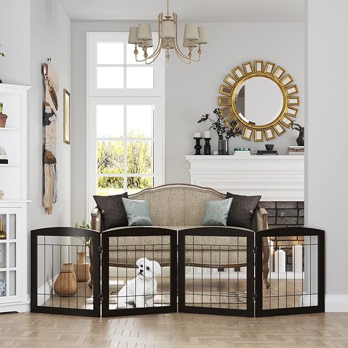 PAWLAND Dog Gate for The House Doorway Stairs Foldable Freestanding Indoor Pet Gate for Dogs Wooden Puppy Safety Fence 80" Wide 24" Height 4 Panels, Espresso