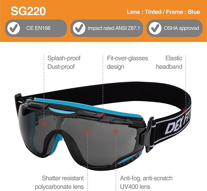 DEX FIT Protective Safety Goggles SG220; Anti Fog & Scratch, Z87 Eye Protection for Work, Adjustable for Women and Men, (Black & Blue Frame, Tinted Lens, 30cm Strap)