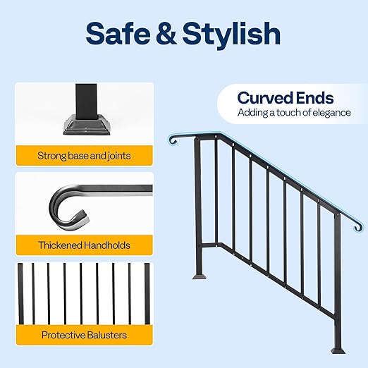 VIVOHOME 2-Pack 4 Step Galvanized Steel Hand Rails for Outdoor Steps – Curved Ends and Safety Balusters Exterior Railing for Porch, Deck, or Indoor Stairs, Complete Installation Kit