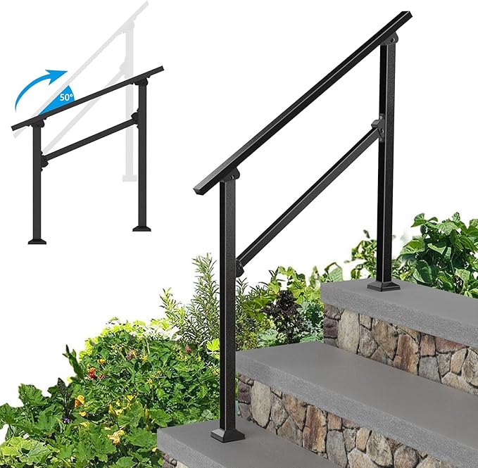 Wrought Iron Handrails for Outdoor Steps - Exterior Hand Rails for Concrete Steps Outside Metal Stair Railing Porch 3 Step
