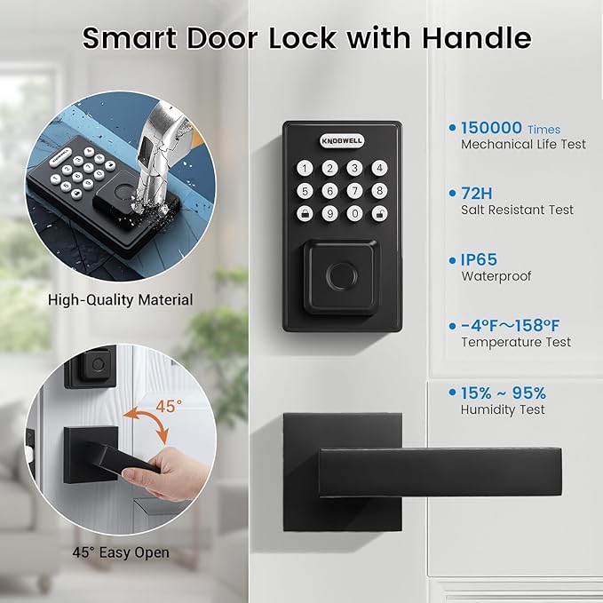 KNOBWELL Smart Fingerprint Door Lock with Lever Handle, Keyless Entry, Biometric Keypad, Electronic Deadbolt Lock，Matte Black