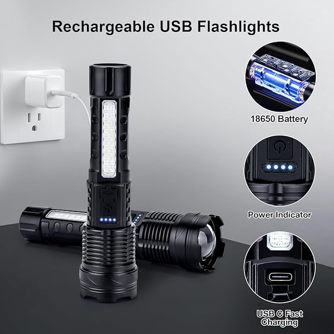 Rechargeable Flashlights High Lumens 980,000L (2 Packs), Super Bright LED Handheld Flash Light with USB C, COB Side Light, 7 Modes, Waterproof, Battery Powered Flashlight for Emergency, Home