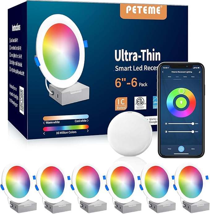 Smart LED Recessed Lighting 6 Inch, IC Rated & ETL Certified Recessed Ceiling Light, RGB & Cool & Warm White Dimmable Color Changing Downlight Work with Alexa/Google, Sync to Music, 1200Lumen,6 Pack