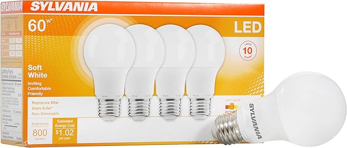 Sylvania LED A19 Light Bulb, 60W Equivalent Efficient 8.5W Medium Base, 2700K Soft White, 4 Pack & Sylvania ECO LED Light Bulb, A19 60W Equivalent, Efficient 9W, 7 Year, 750 Lumens, 2700K