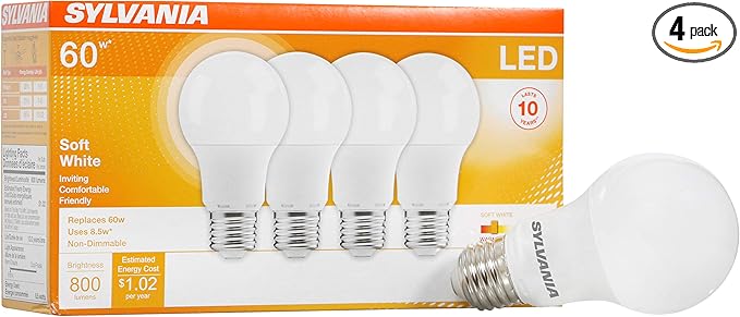 SYLVANIA LED A19 Light Bulb, 60W Equivalent Efficient 8.5W Medium Base, 2700K Soft White, 4 pack
