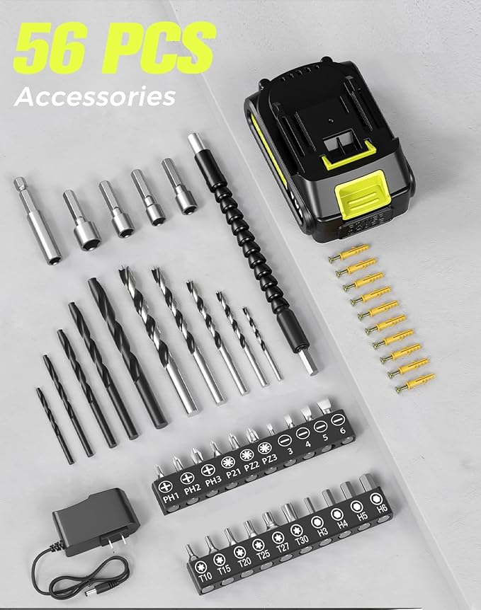 Cordless Drill, 20V MAX Power Drill Set with 2.0Ah Power Pack & Charger, 3/8 Inch Keyless Chuck, Variable Speed, 25+1 Position and 56PCS Bits/Screws, Power Tools for Home Projects