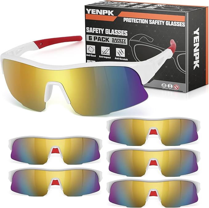 6 Pack Safety Glasses, ANSI Z87.1 Safety Glasses with UV Protection, Impact Resistant Tinted Safety Goggles