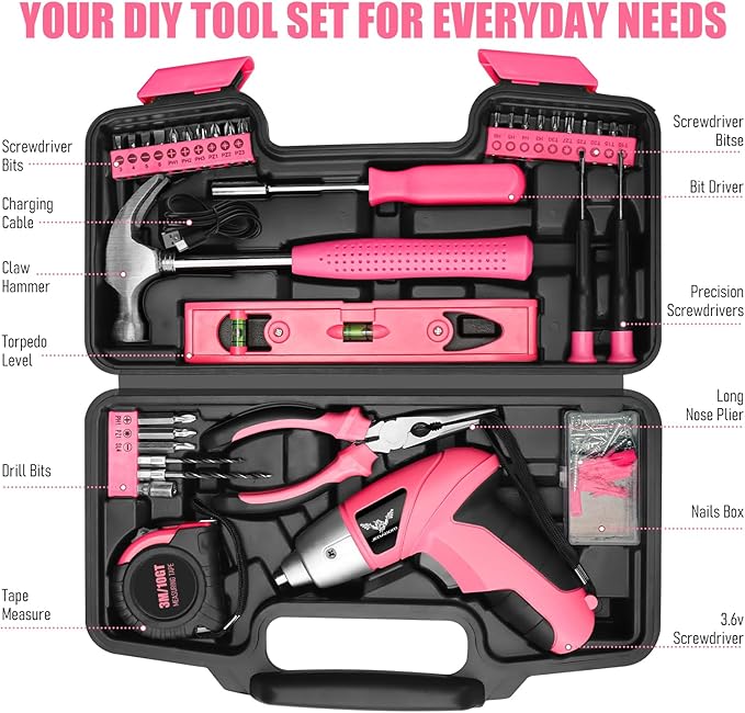 Pink Tool Kit with 3.6V USB Electric Screwdriver, 112 PCS Home Tool Set with Cordless Drill Set, Hand Tool Kits for Women