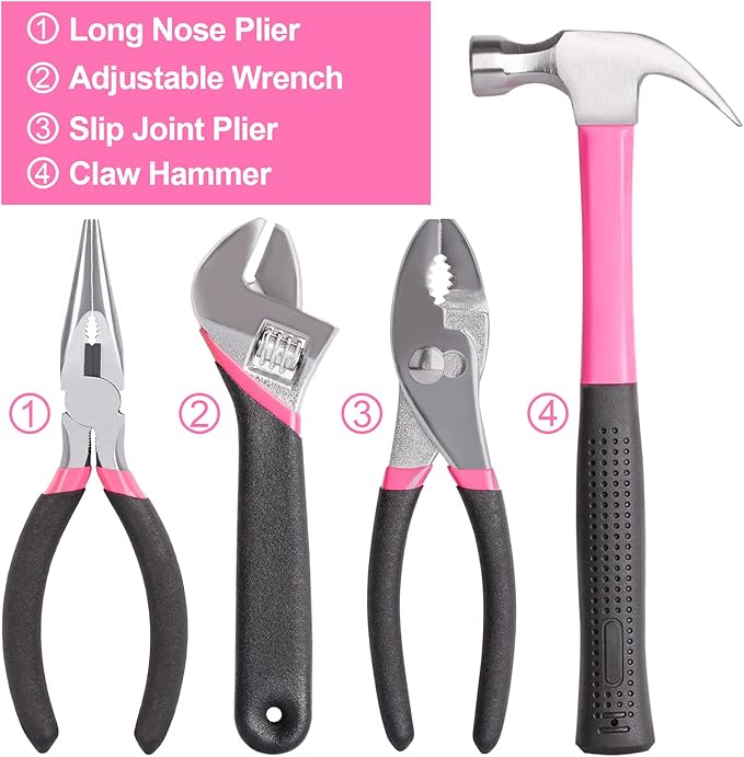 THINKWORK 122-Piece Pink Tool Set with 3.6V Rotatable Electric Screwdriver, Home Tool Kit for Women with Easy Carrying Round Pouch, Ladies Pink Tool Kit for Home Maintenance, DIY, Gifts