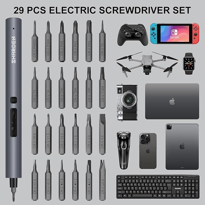 SHARDEN Mini Electric Screwdriver, 29 in 1 Small Electric Screw Driver Kit with 24 Magnetic Bits, Precision Cordless Repair Tool for Phone, Camera, Laptop, Watch