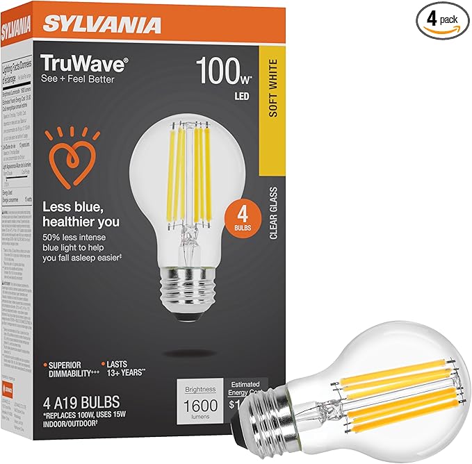 Sylvania LED TruWave Natural Series A19 Light Bulb, 100W Equivalent, Efficient 15W, 1600 Lumens, Medium Base, Dimmable, Clear, 2700K, Soft White - 4 Pack (42275)
