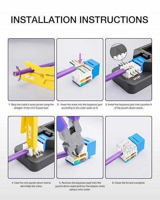 VCE RJ45 Cat6 Keystone Jacks UL Listed 50-Pack, UTP Ethernet Keystone Jacks with Keystone Punch Down Stand Tool and Wire Stripper Cutter, Blue