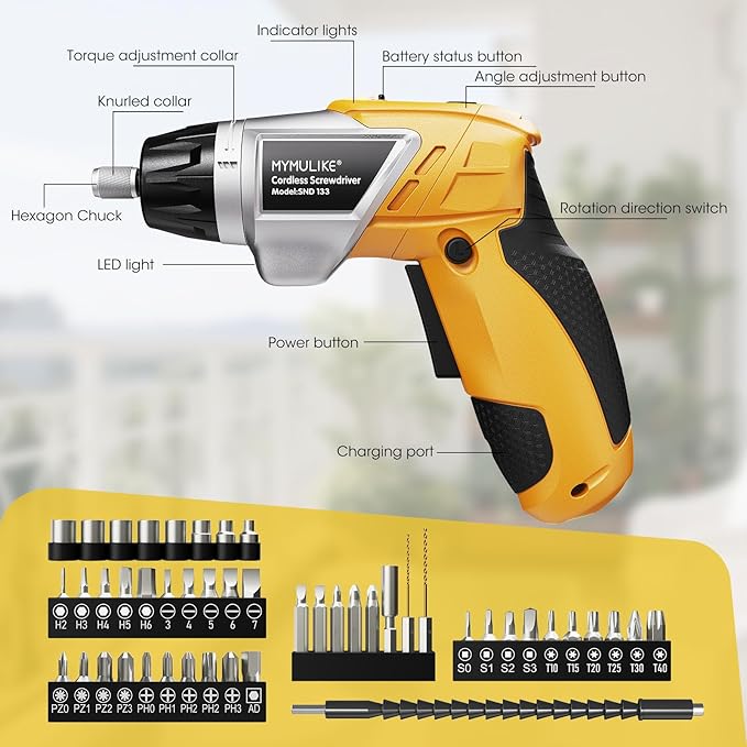 Electric Screwdriver Cordless Set, 3.6V Power Screwdriver Rechargeable with Light, Yellow Screw Gun with Pivoting Handle and Drill, 49 Pcs Accessories, 6+1 Torque Setting, 2000 mAh Battery