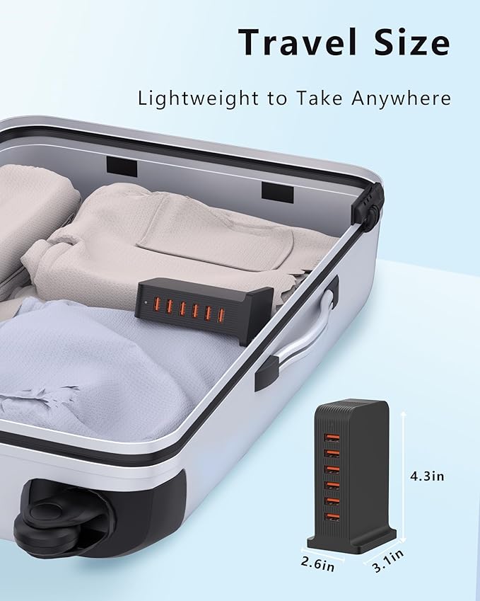 VPSUN USB Charger 6 Port 50W Multi USB Tower Charging Station for Multiple Devices iPhone 15/14/14 Pro/14 Pro Max/13 Pro/13 Pro Max/Android/Samsung/Tablet,etc (Black, 50W)